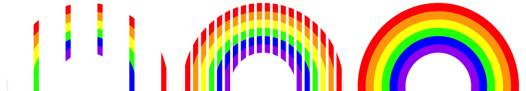 Three images of a rainbow. The first image shows only a few vertical slices of the rainbow, the second image shows even more vertical slices for a fuller image of the rainbow, and the third shows the complete rainbow.