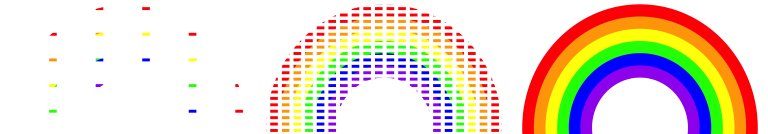 Three images of a rainbow. The first image shows only a few vertical and horizontal slices of the rainbow, the second image shows even more vertical and horizontal slices for a fuller image of the rainbow, and the third shows the complete rainbow.