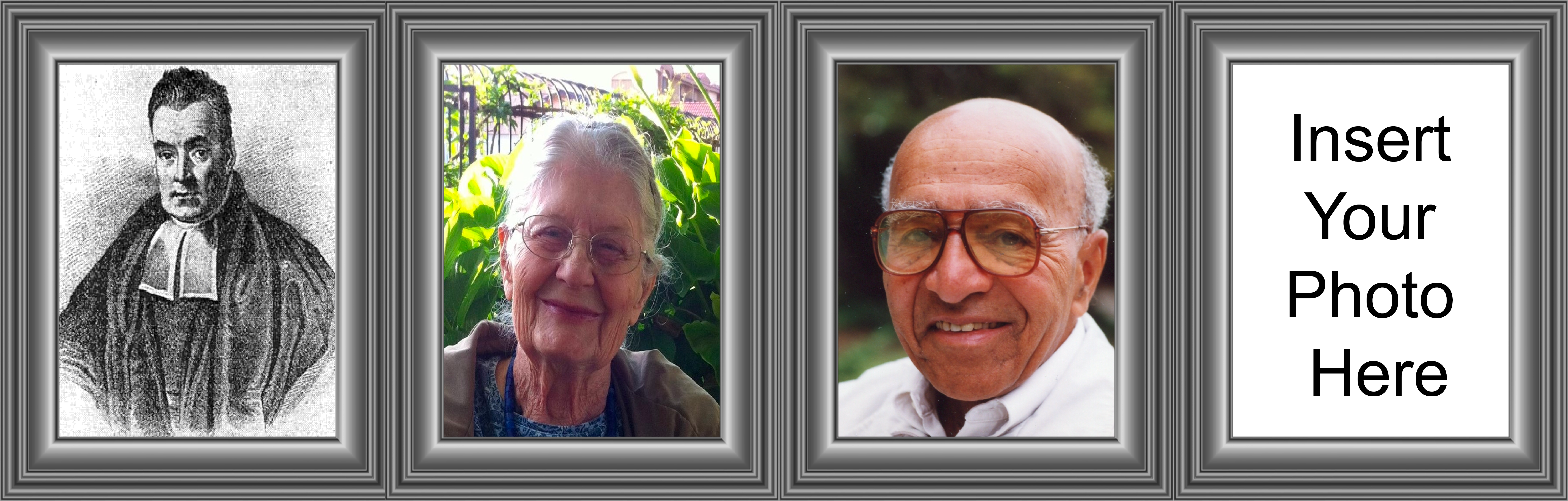 Four framed photos are aligned next two each other. From left to right are pictures of a portrait of Thomas Bayes, a photo of Arianna W. Rosenbluth, a photo of David Blackwell, and an empty frame that reads Insert Your Photo Here. The portrait of Thomas Bayes is black and white with him wearing a regalia-like clothing. He has short dark hair. The photo of Arianna W. Rosenbluth is taken outside at the age of 86. She is wearing glasses, smiling, and has gray hair pulled back. David Blackwell is smiling into the camera wearing brown-frame glasses and a white-collar shirt. He has gray short hair on the sides of his head.